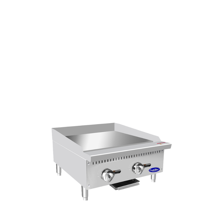 A left side view of CookRite's 24 inch heavy duty manual griddle