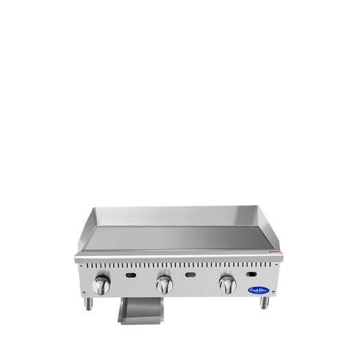 A frontal view of Cookrite's 36 inch heavy duty manual griddle with it's front compartment open