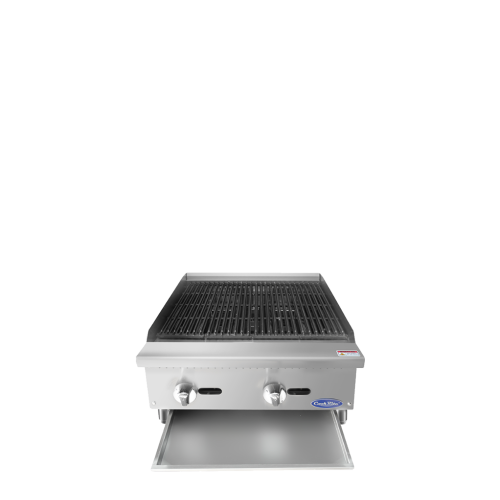A front view of Cookrite's 24 inch countertop radiant broiler with the door open