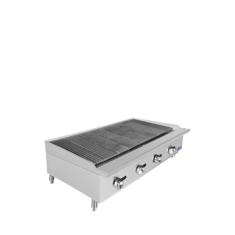 A left side view of Cookrite's 48 inch heavy duty countertop radiant broiler