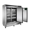 An angled view of Atosa's Bottom Mount Three (3) Door Reach-in Freezer with the doors open