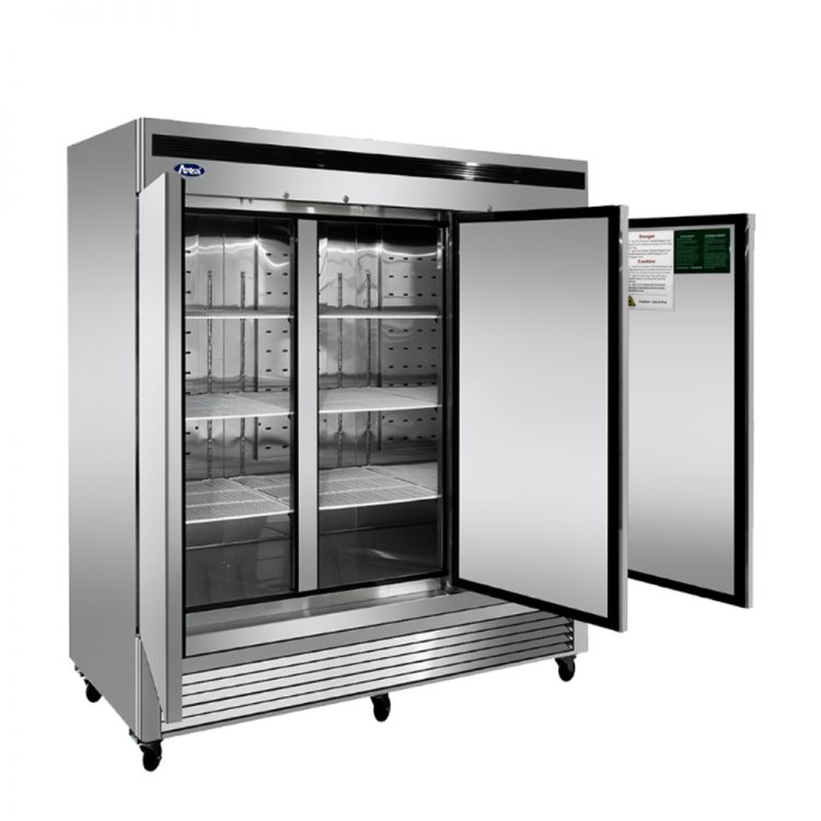 An angled view of Atosa's Bottom Mount Three (3) Door Reach-in Freezer with the doors open