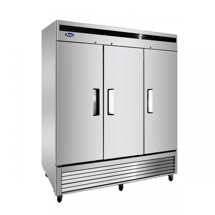 An angled view of Atosa's Bottom Mount Three (3) Door Reach-in Freezer