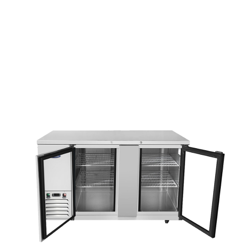 A front view of Atosa's 69" Back Bar Cooler with Glass Doors with the doors open
