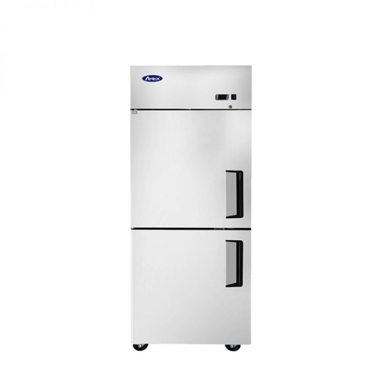 A front view of Atosa's top mount refrigerator with half door