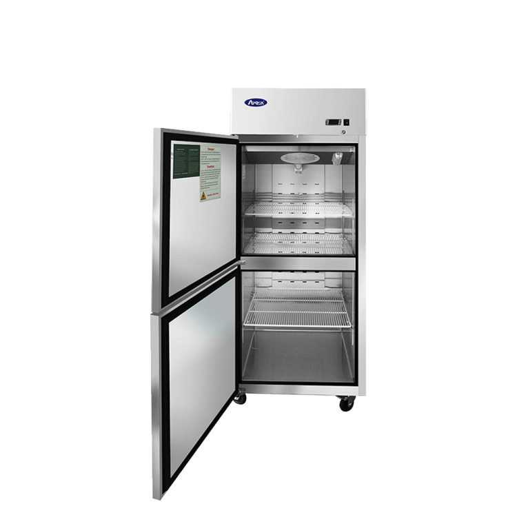 A front view of Atosa's top mount refrigerator with half doors open