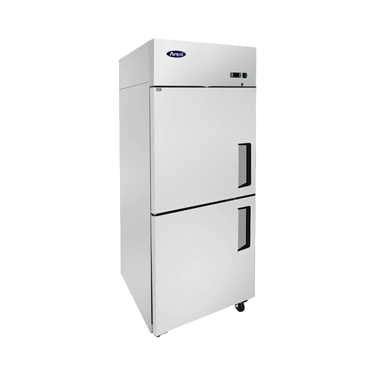 A left side view of Atosa's top mount refrigerator with half doors