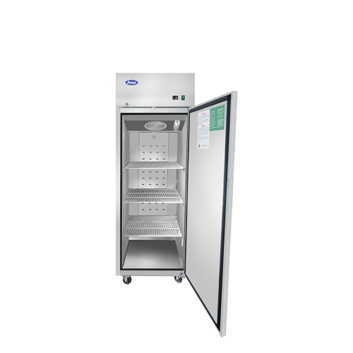 A front view of Atosa's upright freezer top mount with the door open