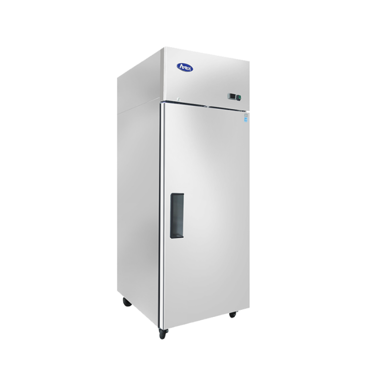 A left side view of Atosa's upright freezer top mount with 1 door