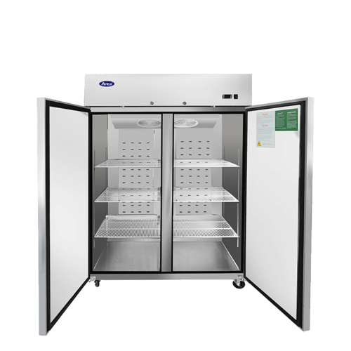 A front view of Atosa's upright freezer top mount with two doors open