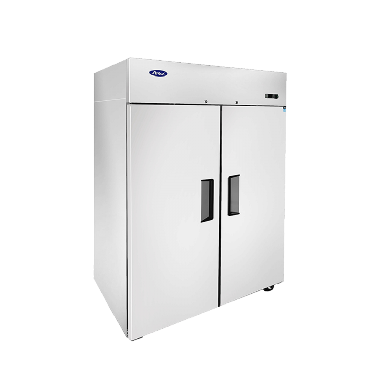 A left side view of Atosa's upright freezer top mount with 2 doors