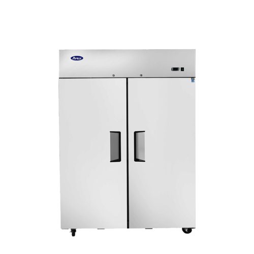 A front view of Atosa's top mount refrigerator with two doors