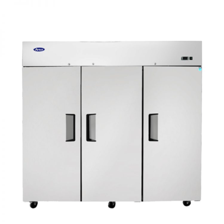 A front view of Atosa's Top Mount Three (3) Door Reach-in Refrigerator