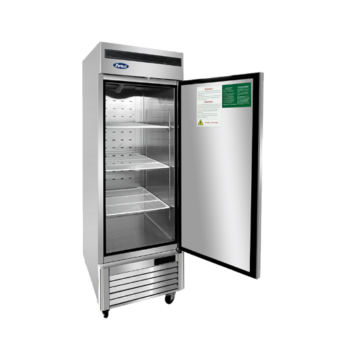 A left side view of Atosa's bottom mount freezer with the door open