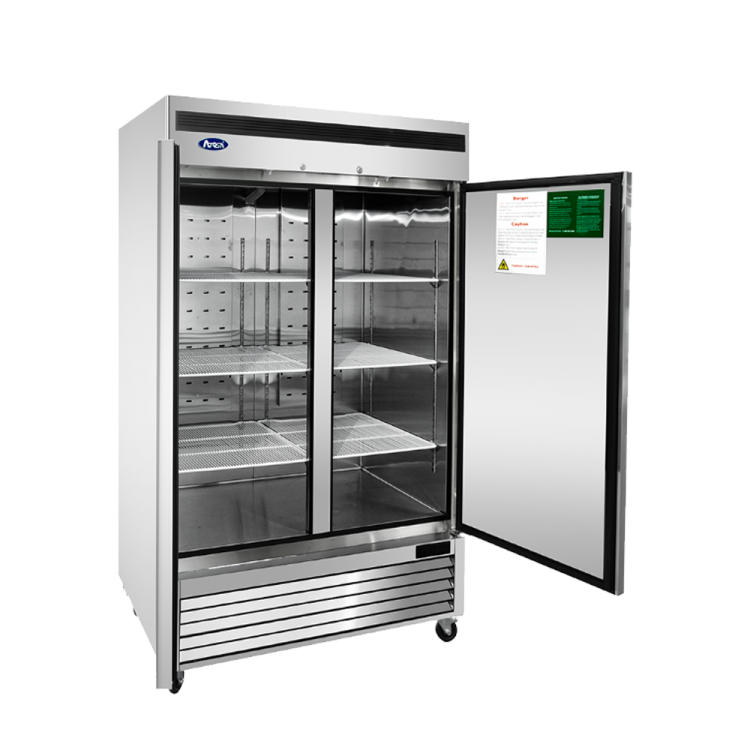 A left side view of Atosa's bottom mount freezer with two doors open