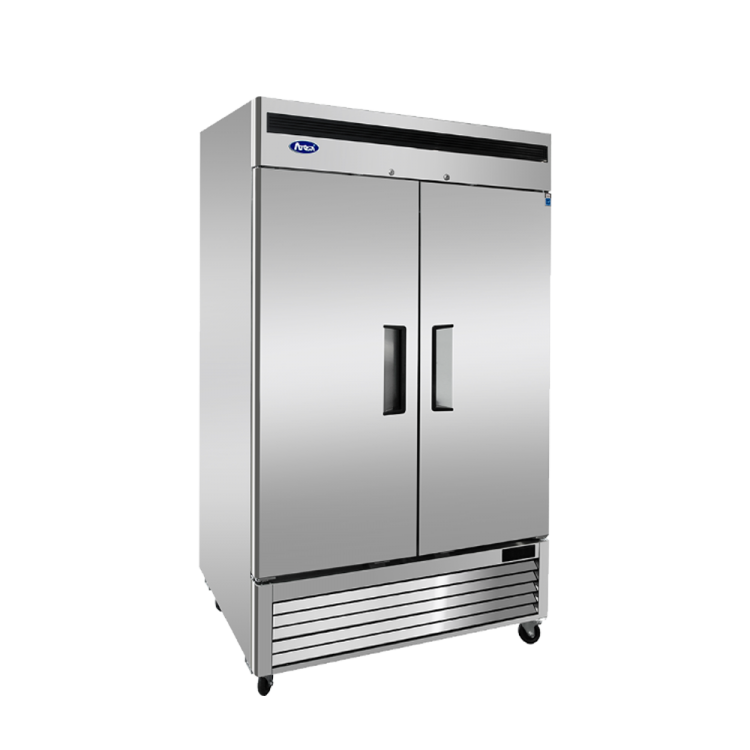An angled view of Atosa's Bottom Mount Two (2) Door Reach-in Refrigerator