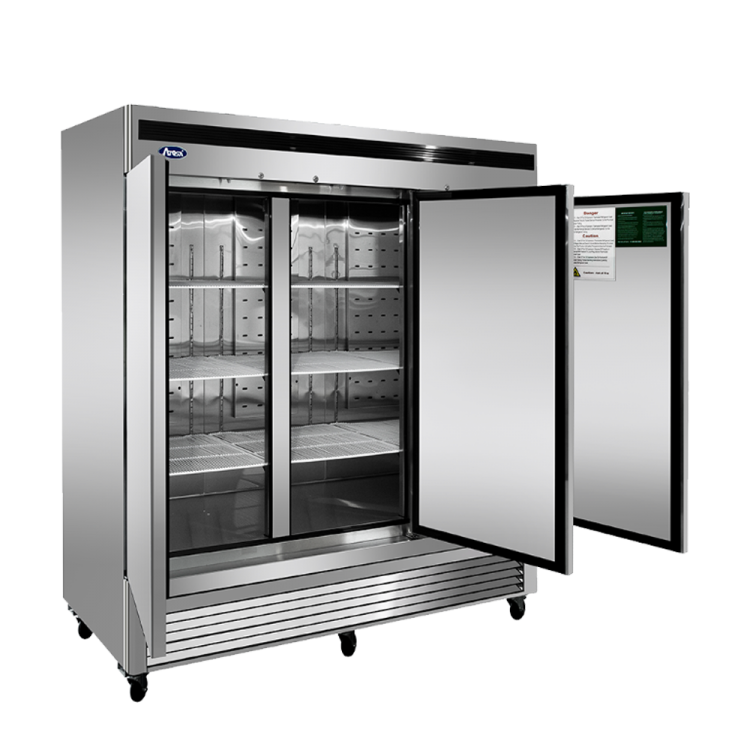 An angled view of Atosa's Bottom Mount Three (3) Door Reach-in Refrigerator with the doors open