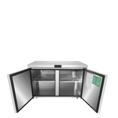 A front view of Atosa's 48" Undercounter Refrigerator with the doors open