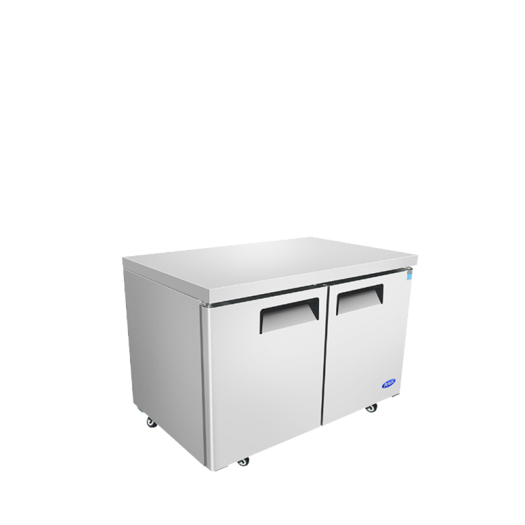A left side view of Atosa's 60 inch under-counter refrigerator