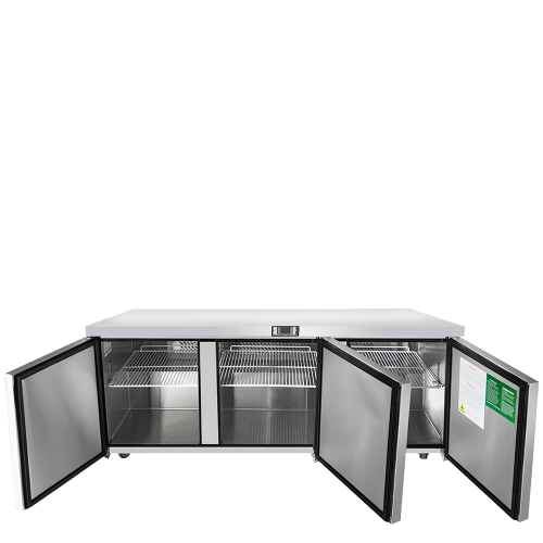 A front view of Atosa's 72" Undercounter Refrigerator with the doors open