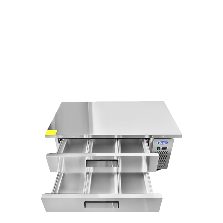 A front view of Atosa's 60" Refrigerated Chef Base, Extended Top with the doors open