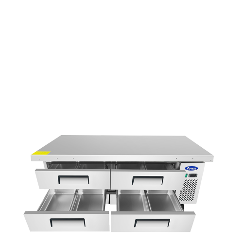 An angled view of Atosa's 72" Refrigerated Chef Base with the doors open