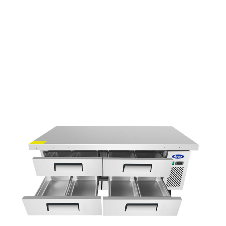 An angled view of Atosa's 72" Refrigerated Chef Base with the doors open