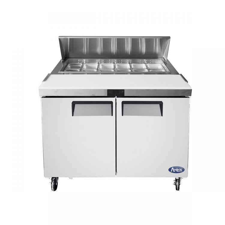 A front view of Atosa's 48" Refrigerated Standard Top Sandwich Prep. Table with the door open