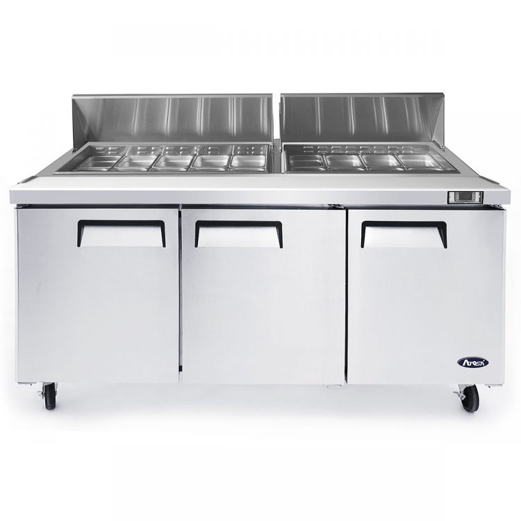 A front view of Atosa's 72" Refrigerated Standard Top Sandwich Prep. Table with the doors open