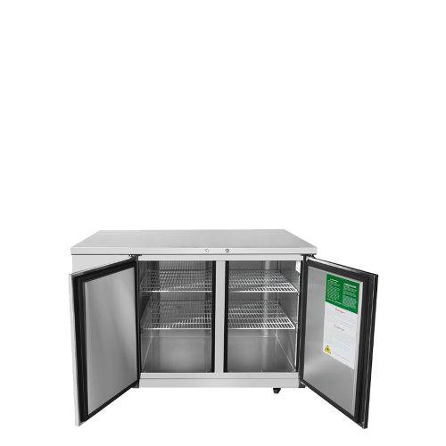 A front view of Atosa's 59" Back Bar Cooler with the doors open