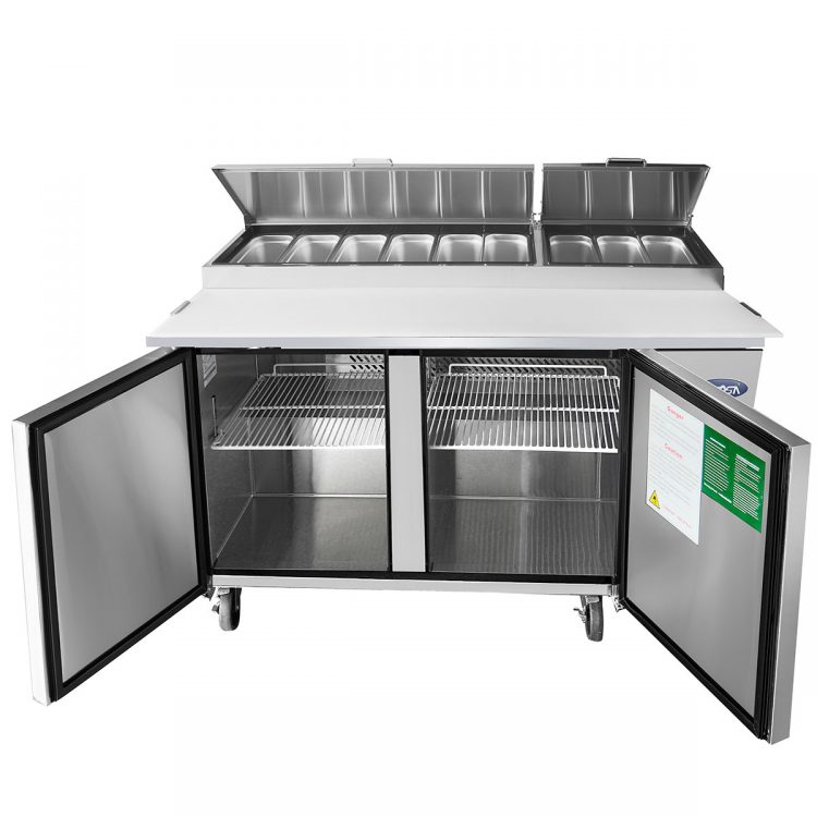 A front view of Atosa's 67" Refrigerated Pizza Prep. Table with the doors open