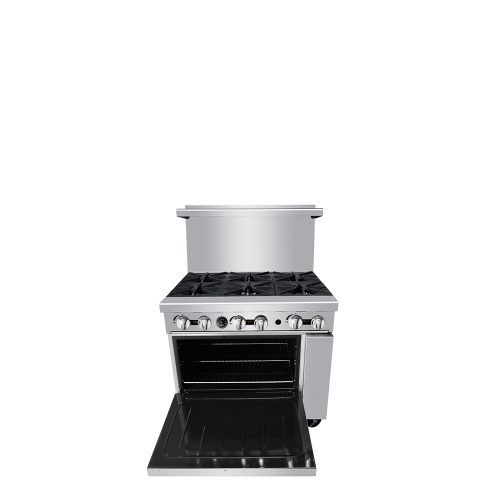 A front view of CookRIte's 36" Gas Range with Six (6) Open Burners with the door open
