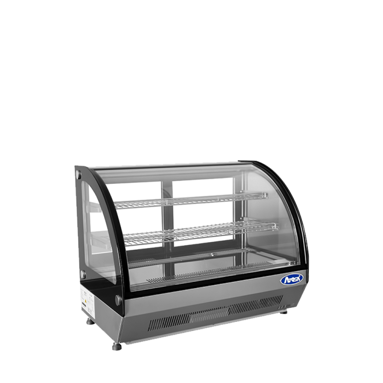 An angled view of Atosa's Countertop Refrigerated Curved Display Case (3.5 cu ft)