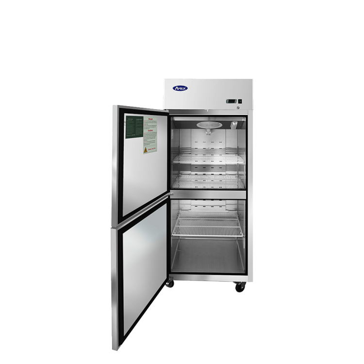 A front view of Atosa's top mount freezer with both half doors open