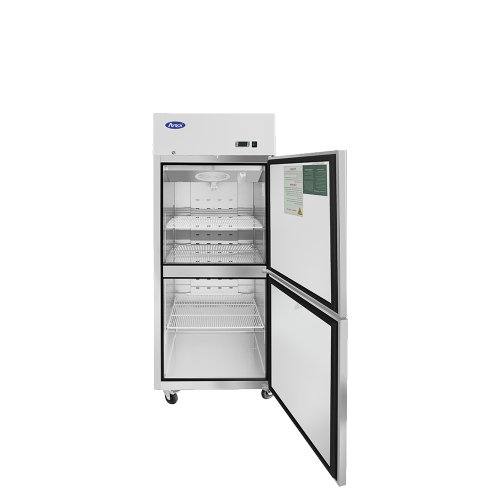 A front view of Atosa's top mount refrigerator with half doors