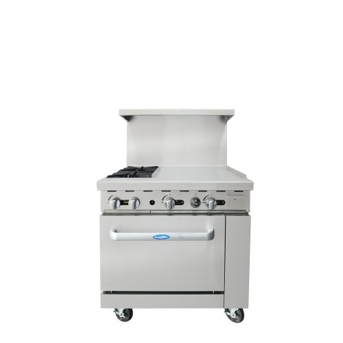 A front view of CookRite's 36″ Gas Range with Two (2) Open Burners & 24″ Griddle